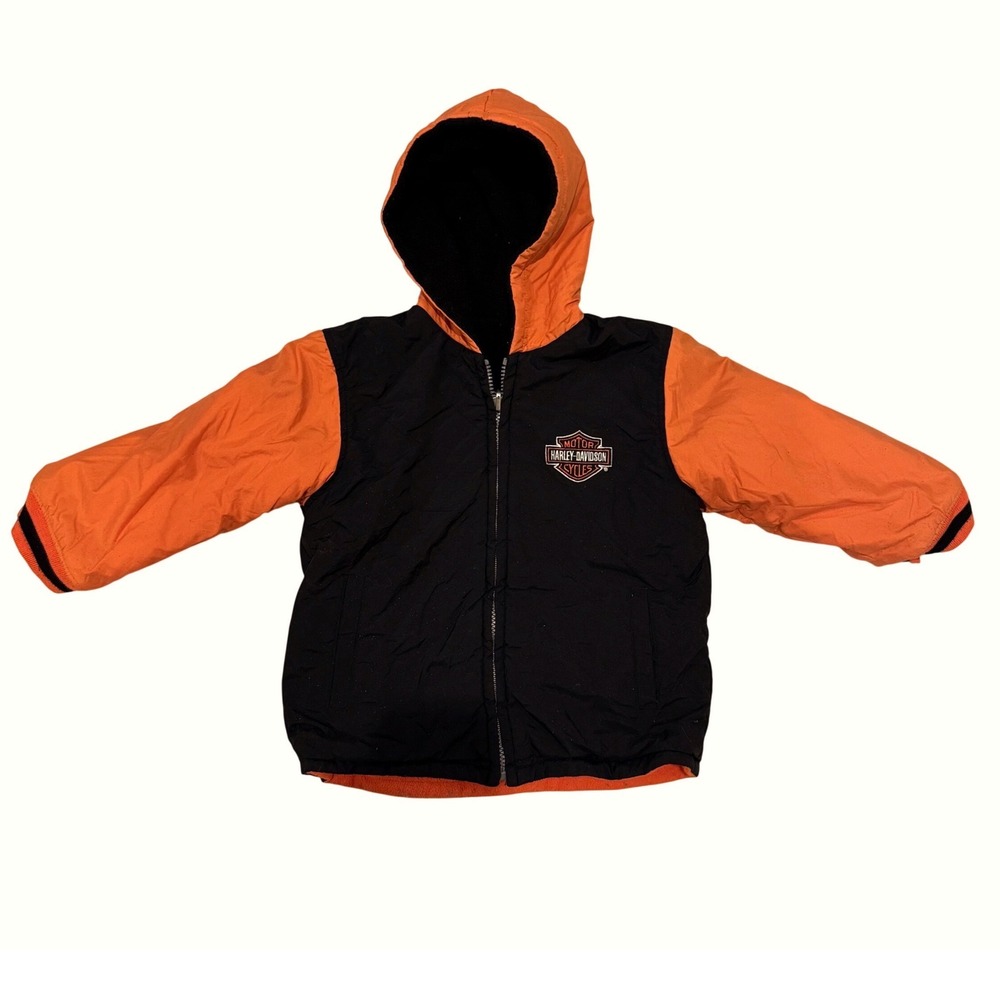 Kids Harley Davidson Reversible Hooded Moto Jacket‎ Orange Black Size 4T